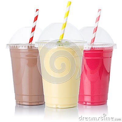 Chocolate vanilla strawberry milk shake milkshake collection straw in a cup isolated on white Stock Photo