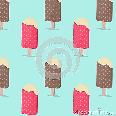 Chocolate vanilla and strawberry vanilla ice cream on wooden stick seamless pattern background. Flat design. Vector Illustration