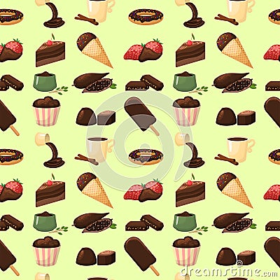 Chocolate various tasty sweets seamless pattern background candies sweet brown delicious gourmet sugar cocoa snack Vector Illustration