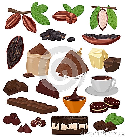 Chocolate vector cartoon cocoa choco sweet food from coco-beans cake confection illustration set of tropical fruit and Vector Illustration