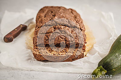 Chocolate vegan zucchini bread, white background. Stock Photo