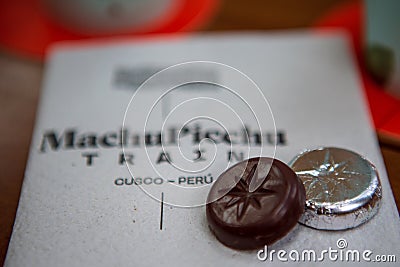Chocolate from the voyager luxury train from Olantaytambo to Aguas Caliente on march 14th of 2019 Editorial Stock Photo