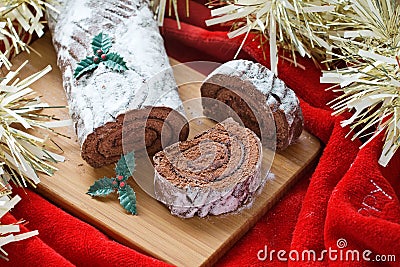 Chocolate yule Christmas log Stock Photo