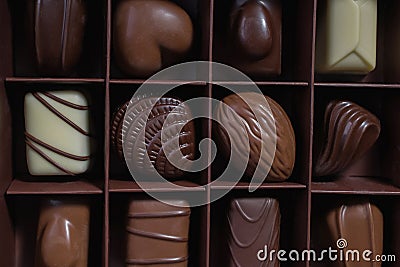 Chocolates in different shapes and colors in gift box on wooden table. Flat lay. Stock Photo
