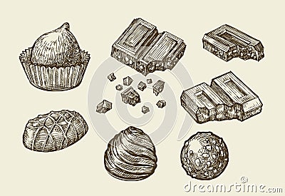 Chocolates. Hand drawn sketch sweets, caramel, candy, bonbon, sweetmeat. Vector illustration Vector Illustration