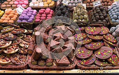 Chocolates and sweets for sale, La Boqueria market, Barcelona Stock Photo