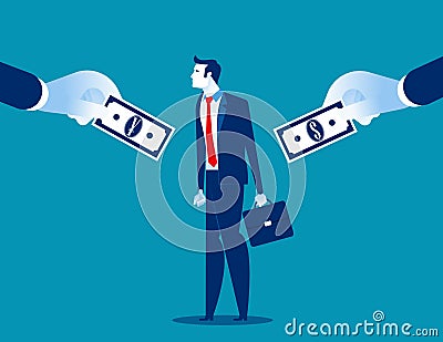 Choice. Businessman choice between currencies. Concept business vector illustration, currency, flat style, cartoon character Vector Illustration