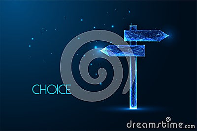 Choice, decision concept with crossroad signpost to different direction in futuristic on dark blue Vector Illustration