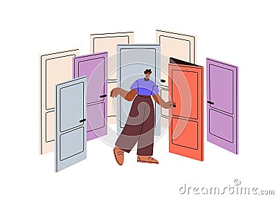 Choice and decision making concept. Person choosing door way to enter. Character searching, finding life chances Vector Illustration