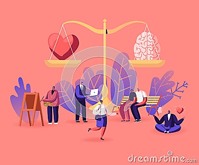 Choice between Mind and Feelings Concept. Heart and Brain Lying on Scales. Male and Female Characters Search Balance Vector Illustration