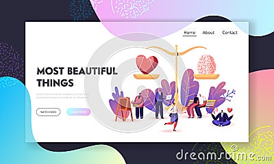 Choice between Mind and Feelings Landing Page Template. Heart and Brain Lying on Scales Vector Illustration
