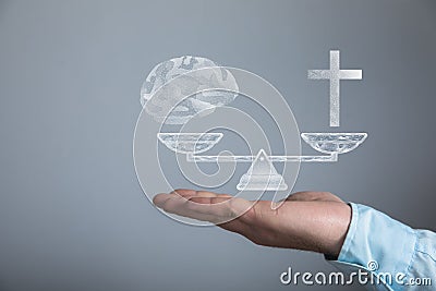 Choice between religion and rationality. On the scales of the cross and brains from the network Stock Photo