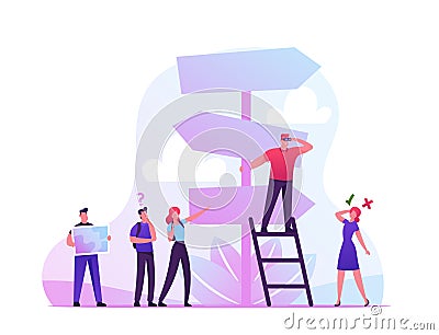 Choice Way Concept with Confused Business People Stand at Road Pointer with Hard and Easy Directions, Making Decision Vector Illustration