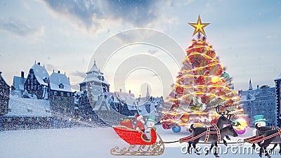 Choinka z kolorowymi, jasnymi kulkami Święty Mikołaj na sanie z reniferami Snowmen i ilustracji Choinka z kolorowymi, jasnymi kulkami Święty Mikołaj na sanie z reniferami Snowmen i ilustracji