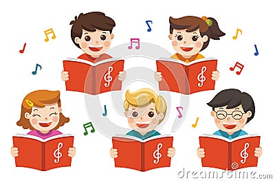 Choir girls and boys singing a song. Vector Illustration