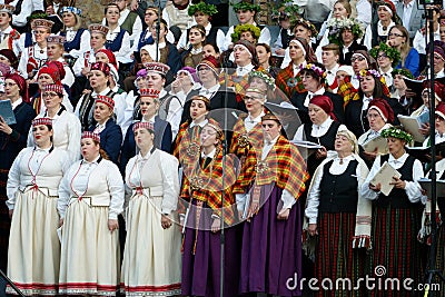 Choir singers. Traditional singing by Latvian folk choirs Editorial Stock Photo