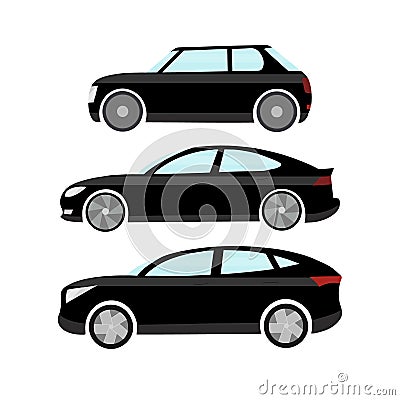 Choise of modern electric car models. A black sedan jeep and two-door small car for couple family usage or race. Vector Illustration