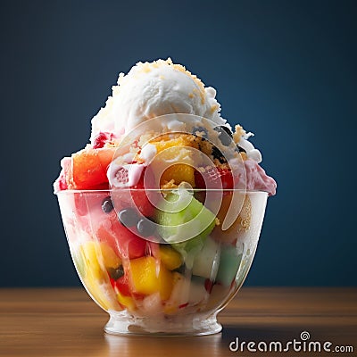 Cholado: Refreshing Colombian Fruit Salad with Shaved Ice and Syrups Stock Photo