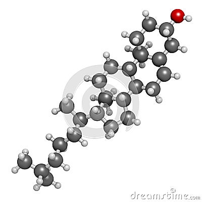 Cholesterol molecule. Essential component of cell membranes and precursor of steroid hormones, bile acids and vitamin D. Atoms are Stock Photo