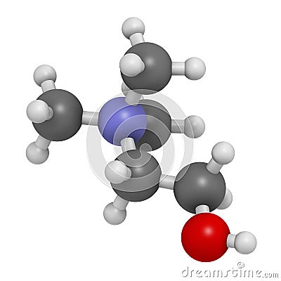 Choline essential nutrient molecule. 3D rendering. Atoms are represented as spheres with conventional color coding: hydrogen ( Stock Photo