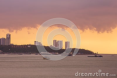 Chon Buri, Thailand March 28,2015 : beautiful sunset of city and see view Editorial Stock Photo