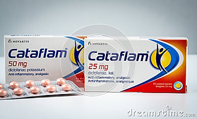 Cataflam 25 mg and 50 mg. Diclofenac potassium product of Novartis. Manufactured by Novartis, Turkey for Novatis Pharma Editorial Stock Photo