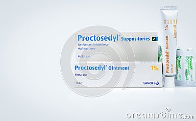 Proctosedyl Suppositories and Proctosedyl Ointment Rectal use. Hydrocortisone and cinchocaine for treatment haemorrhoids. Editorial Stock Photo