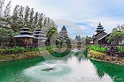 CHONBURI-THAILAND,AUGUST 12 ,2023 : Scenery of beautiful landmark architecture of wooden construction in retro style at the Bo Editorial Stock Photo