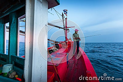 CHONBURI THAILAND - JANUARY 14 2018: fisherman work and travel by fisherman boat with fishing rod and fisherman gears on JANUARY 1 Editorial Stock Photo