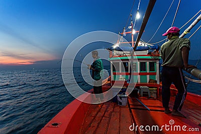 CHONBURI THAILAND - JANUARY 14 2018: fisherman work and travel by fisherman boat with fishing rod and fisherman gears on JANUARY 1 Editorial Stock Photo