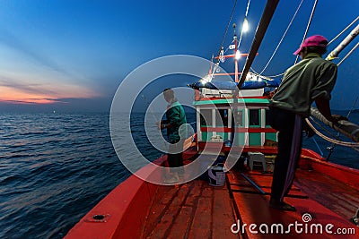 CHONBURI THAILAND - JANUARY 14 2018: fisherman work and travel by fisherman boat with fishing rod and fisherman gears on JANUARY 1 Editorial Stock Photo