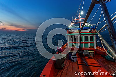 CHONBURI THAILAND - JANUARY 14 2018: fisherman work and travel by fisherman boat with fishing rod and fisherman gears on JANUARY 1 Editorial Stock Photo