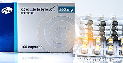 CHONBURI, THAILAND-JUNE 2, 2018 : Celebrex 200 mg capsules. Celecoxib product of Pfizer Pharmaceuticals in Thailand. Painkiller m Editorial Stock Photo