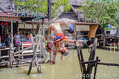 Unacquainted Thai Water boxing in Pattaya Floating Market.Chonburi Thailand Travel Editorial Stock Photo