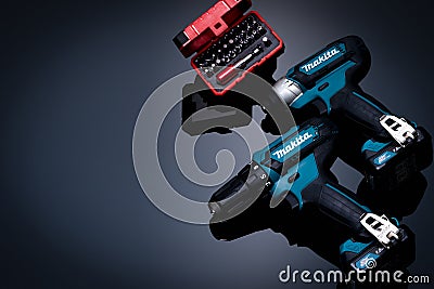 CHONBURI, THAILAND-MAY 24, 2020 : Makita codless driver drill with screw bit set in case on dark background. Makita tools. Single Editorial Stock Photo