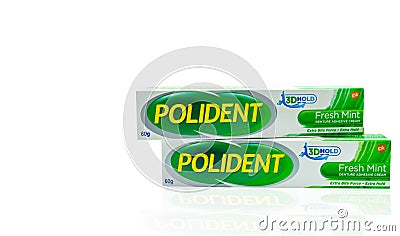 Polident fresh mint denture adhesive cream in box isolated. Extra bite force and extra hold. Product of GSK. Manufactured Editorial Stock Photo