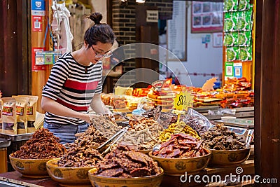 Hongya Cave interior traditional Chinese style walking and shopping area area in Chongqing, China. Editorial Stock Photo
