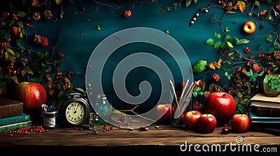 chool background with a chalkboard pattern and elements like apples, books, and pencils symbolizing the learning Stock Photo