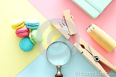 chool or office supplies, back to school over pastel background template. Stock Photo