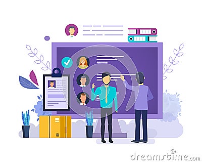 Choose candidate for vacancy job. Interview with employees, personnel search. Vector Illustration