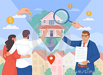 Choose city estate. Find industrial realty, people search town building for rent house or home apartment, loans Vector Illustration