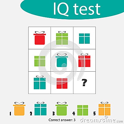 Choose correct answer, IQ test with christmas gift boxes for children, xmas fun education game for kids, preschool Vector Illustration