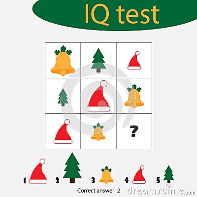 Choose correct answer, IQ test with christmas picturees for children, xmas fun education game for kids, preschool worksheet Stock Photo