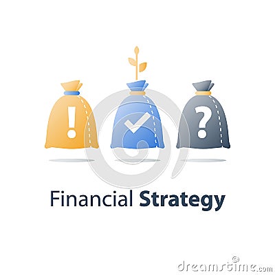 Financial plan, choose investment portfolio, capital allocation option, invest fund, question mark and money bag Vector Illustration