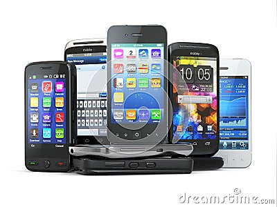 Choose mobile phone. Pile of new cellphones. Stock Photo