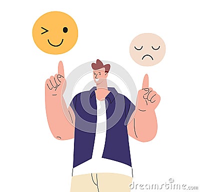 Choose positive emotions every day. Happy man point on emoticons, sad and funny faces. Choose happiness and joy, vector Vector Illustration