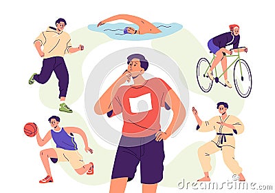 Choose sport, physical activity for health concept. Man thinks, makes choice from different workout options, jogging Cartoon Illustration