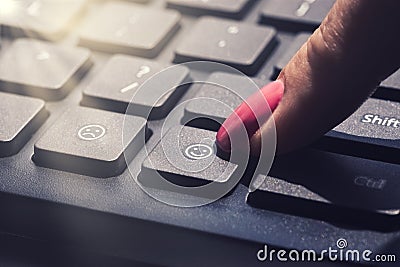 Choose to be happy or joy lifestyle abstract button at computer keyboard pressed by woman finger Stock Photo