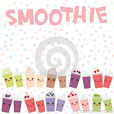 Choose your smoothies. card design Takeout blueberry raspberry strawberry kiwi apple cherry grapes smoothie transparent plastic cu Vector Illustration