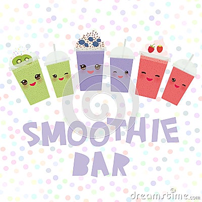 Choose your smoothies. card design Takeout kiwi strawberry raspberry blueberry smoothie transparent plastic cup with straw and Vector Illustration